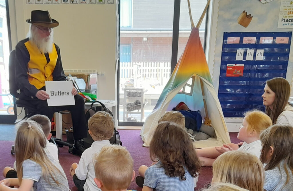 Keith Butters telling stories in Friskney All Saints Church of England Primary School